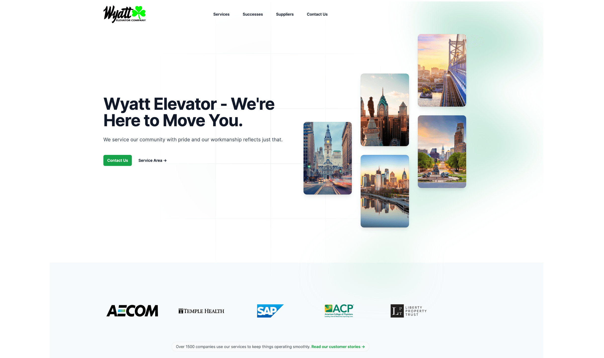 Wyatt Elevator Company website screenshot showcasing custom web design and Google Maps integration