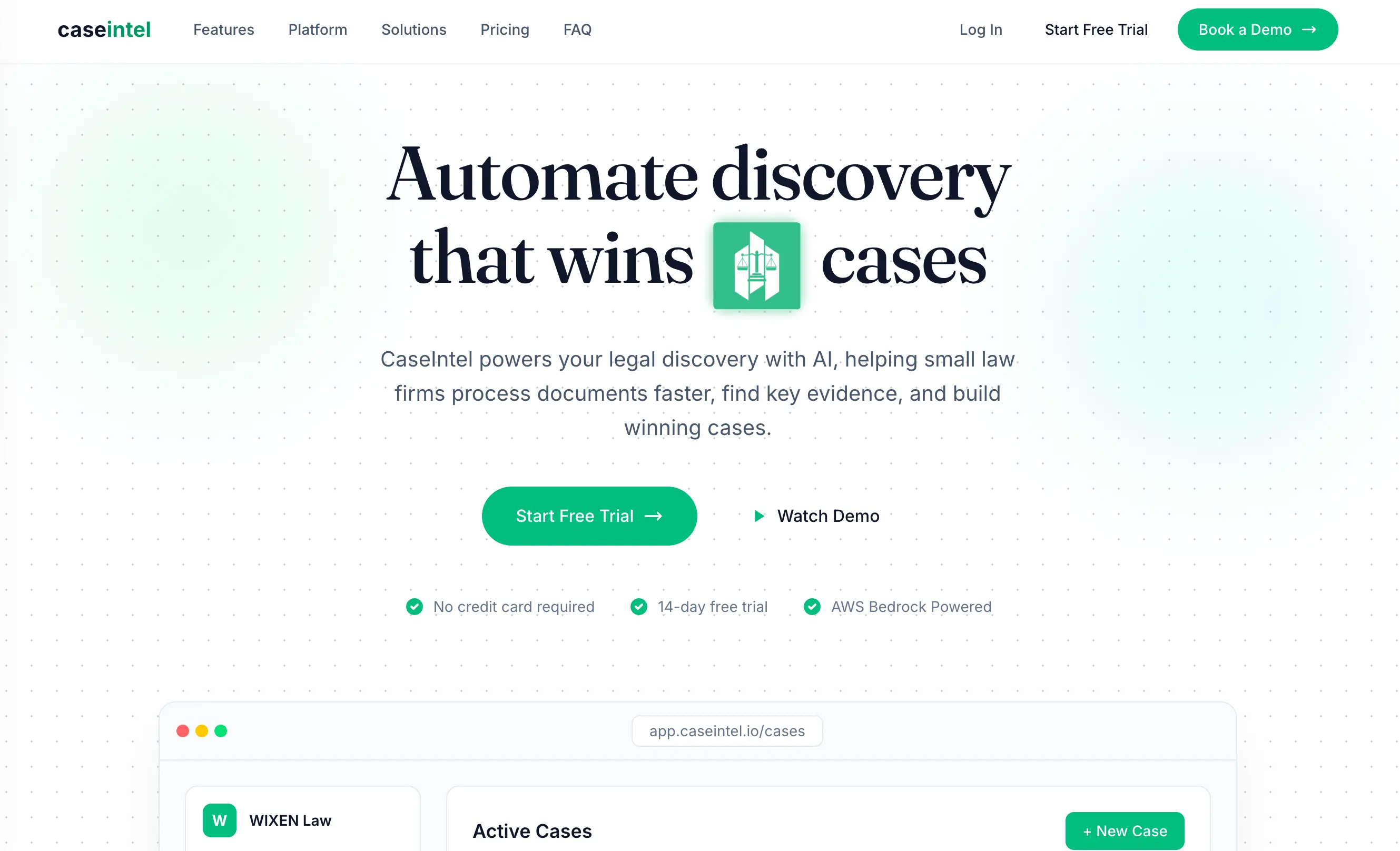 CaseIntel.io legal discovery platform homepage showcasing AI-powered case analysis for law firms
